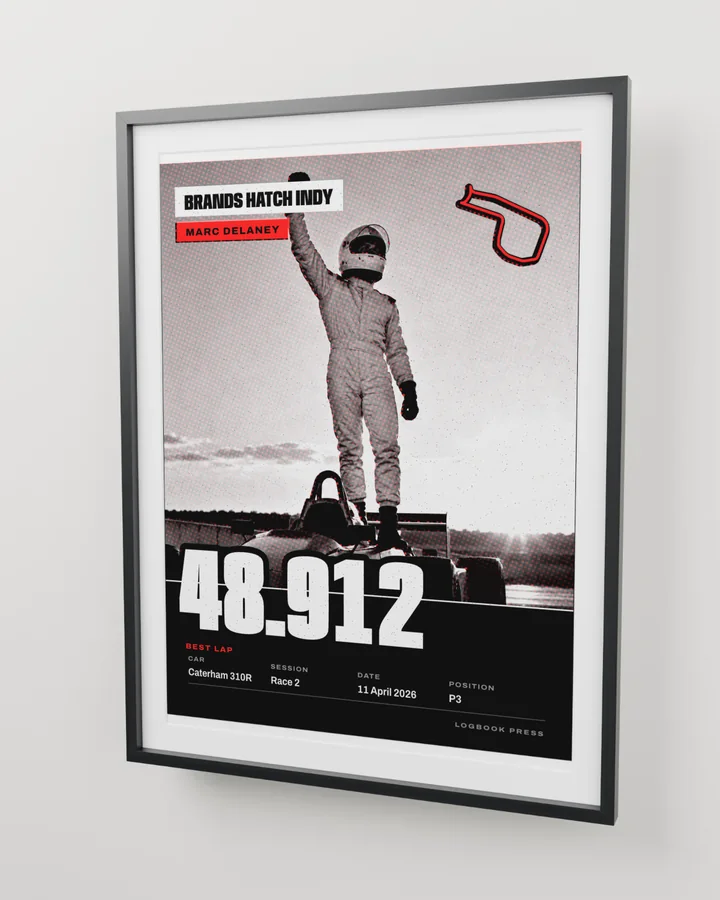 A Brands Hatch motorsport photo poster in a black wood frame with a white mat, hanging on a pale wall