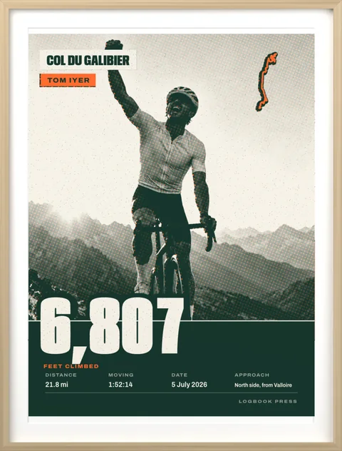 A cycling photo poster of the Col du Galibier in a natural wood frame