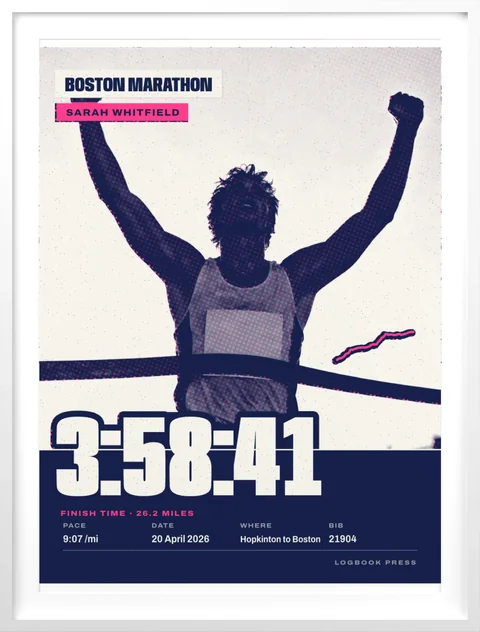 A Boston Marathon photo poster in a white frame