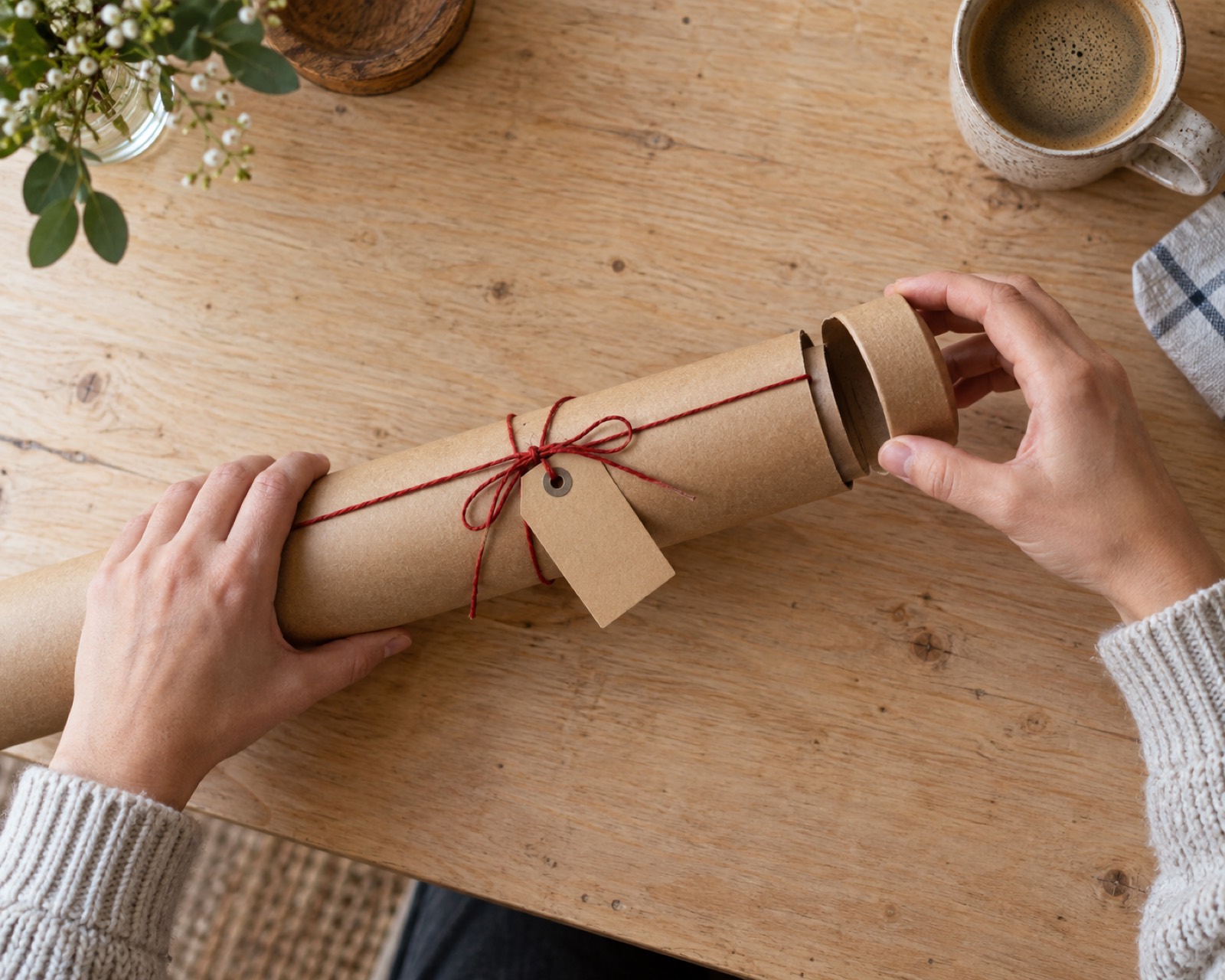 Hands opening a print tube wrapped in kraft paper and tied with red string, on a kitchen table